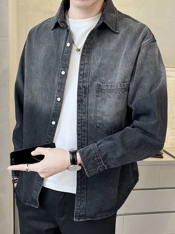 Férfi denim ing hosszú ujjú, laza szabás, tavasz–ősz, mindennapi retro amerikai stílus