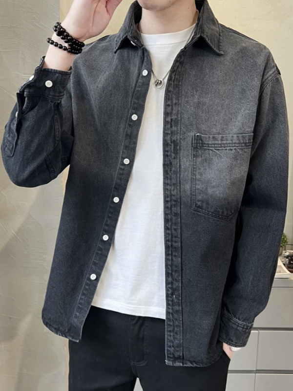 Férfi denim ing hosszú ujjú, laza szabás, tavasz–ősz, mindennapi retro amerikai stílus
