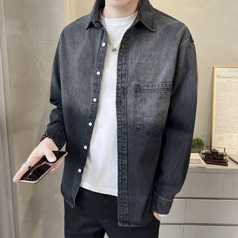 Férfi denim ing hosszú ujjú, laza szabás, tavasz–ősz, mindennapi retro amerikai stílus