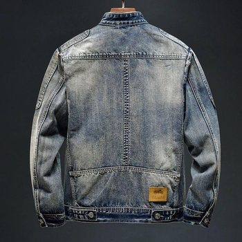 Férfi denimmotoros dzseki álló gallérral, masszív cipzárral, szűk szabás, tavasz–ősz idejére, retro streetwear