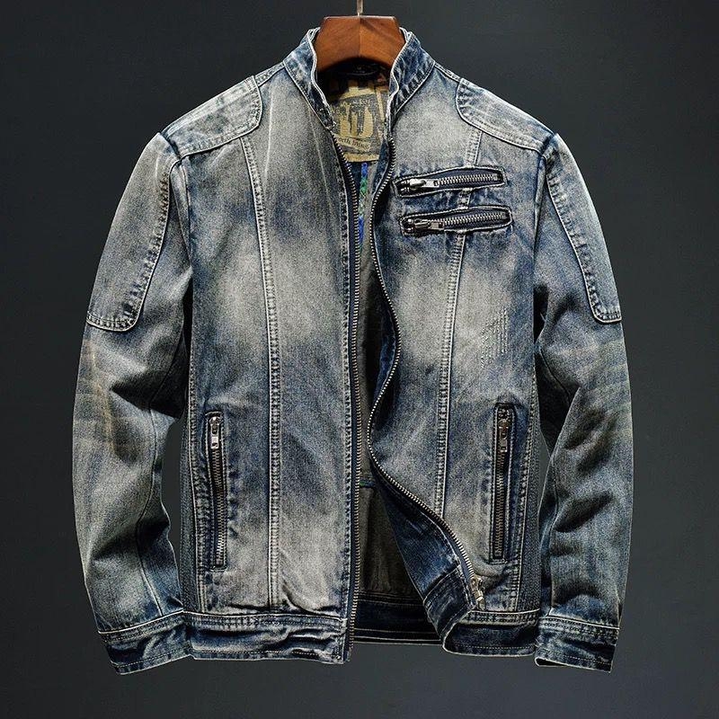 Férfi denimmotoros dzseki álló gallérral, masszív cipzárral, szűk szabás, tavasz–ősz idejére, retro streetwear