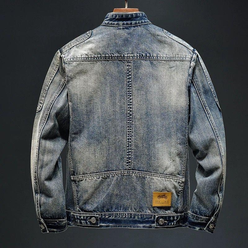 Férfi denimmotoros dzseki álló gallérral, masszív cipzárral, szűk szabás, tavasz–ősz idejére, retro streetwear