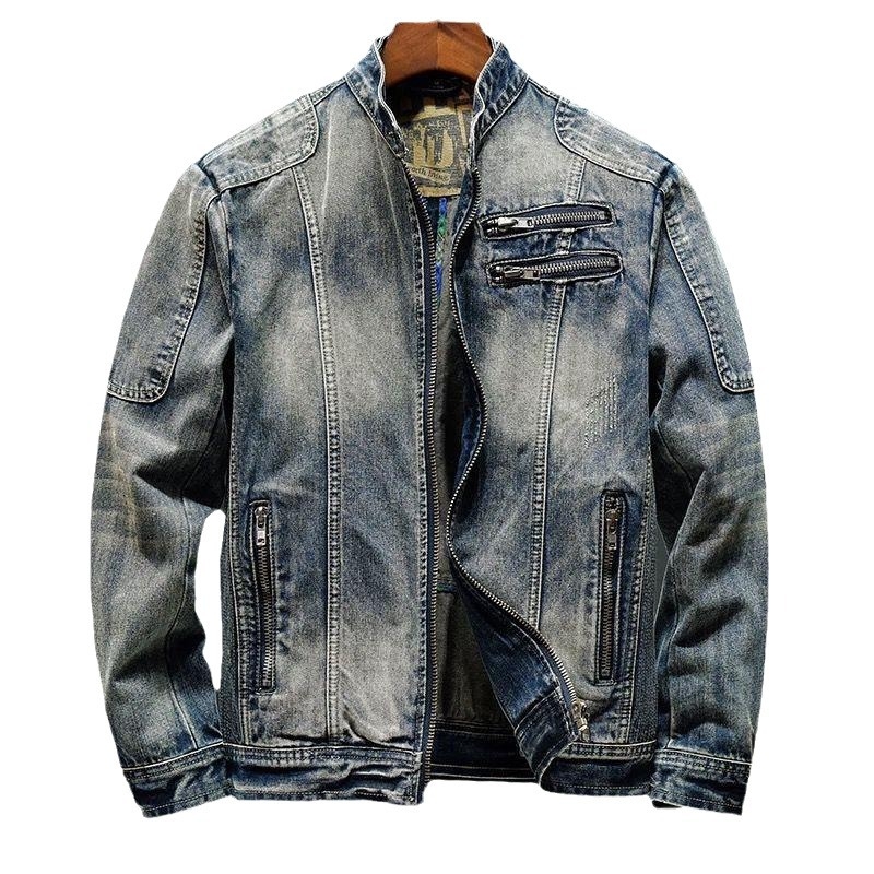 Férfi denimmotoros dzseki álló gallérral, masszív cipzárral, szűk szabás, tavasz–ősz idejére, retro streetwear