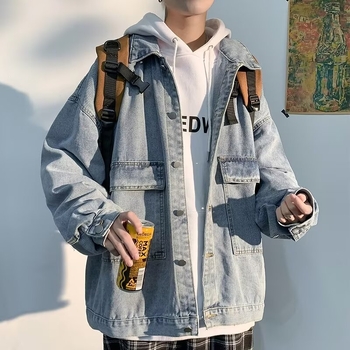 Férfi oversize denim kabát tavasz–ősz, amerikai utcai stílus hip-hop hatással