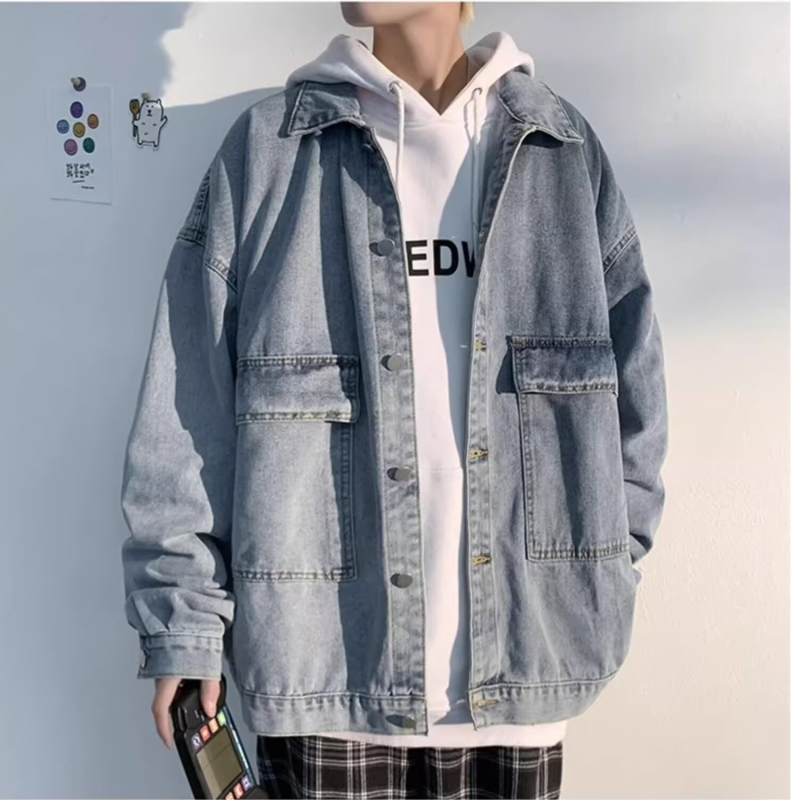 Férfi oversize denim kabát tavasz–ősz, amerikai utcai stílus hip-hop hatással