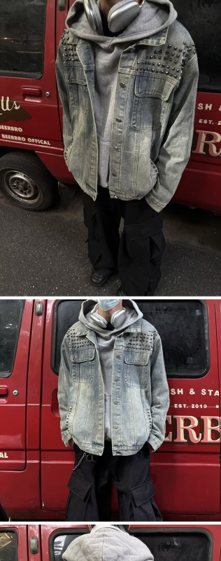 Férfiaknak szóló amerikai retro stílusú kék mosott denim dzseki, őszre, magas minőségű, strapabíró munkás-motoros dzseki szegecsekkel