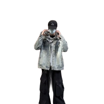 Férfiaknak szóló amerikai retro stílusú kék mosott denim dzseki, őszre, magas minőségű, strapabíró munkás-motoros dzseki szegecsekkel