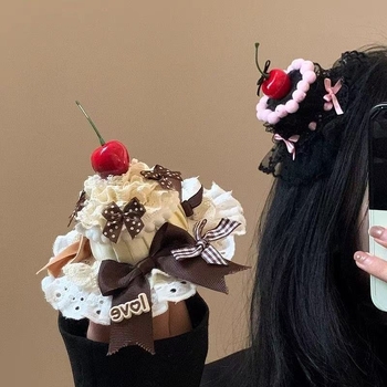 Aranyos hajcsat cseresznyés motívummal, Lolita stílusú fejfedő gyerekeknek, születésnapi fotó kellék