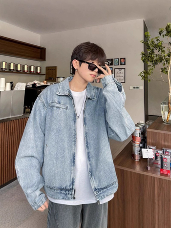 cleanfit Slim-fit denim dzseki férfiaknak, vállpárnázott, rövid fazon, rever gallérral, cipzárral, ősz