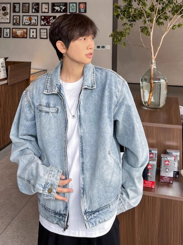 cleanfit Slim-fit denim dzseki férfiaknak, vállpárnázott, rövid fazon, rever gallérral, cipzárral, ősz