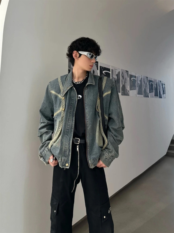 Férfiaknak – amerikai stílusú vintage denim dzseki, utcai hip-hop hatás, bő szabás, őszi szezonra.