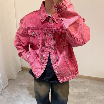 Férfi rövid denim dzseki rózsaszín-vörös színben, galléval, cipzárral, laza szabású, tavasz-őszi, amerikai street vibe