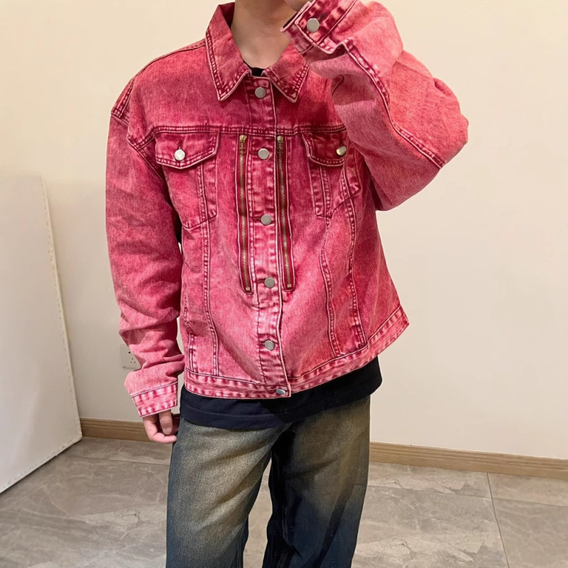 Férfi rövid denim dzseki rózsaszín-vörös színben, galléval, cipzárral, laza szabású, tavasz-őszi, amerikai street vibe