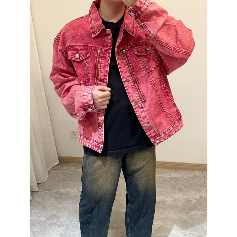 Férfi rövid denim dzseki rózsaszín-vörös színben, galléval, cipzárral, laza szabású, tavasz-őszi, amerikai street vibe