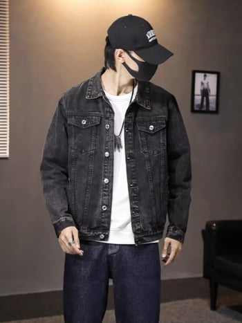 Férfiaknak szánt farmerdzseki Hongkong-stílusban, lazán szabott, retro megjelenés, koreai stílusú casual kabát