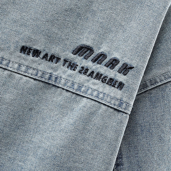 Férfi denim dzseki, hosszú ujjú, laza szabás, tavasz–ősz, városi casual stílus, patch zsebek és háromdimenziós részletek