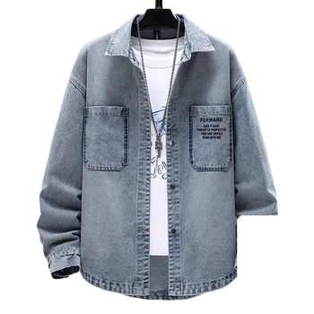 Férfi denim dzseki, hosszú ujjú, laza szabás, tavasz–ősz, városi casual stílus, patch zsebek és háromdimenziós részletek