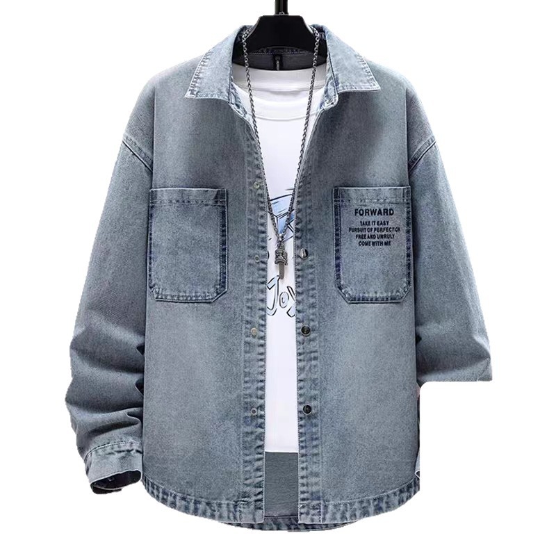 Férfi denim dzseki, hosszú ujjú, laza szabás, tavasz–ősz, városi casual stílus, patch zsebek és háromdimenziós részletek