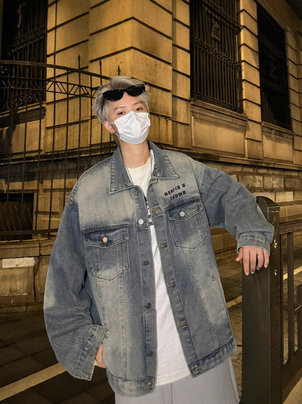 Férfi denim dzseki, őszi vintage mosott, amerikai gallér, mindennapi fiatal stílus