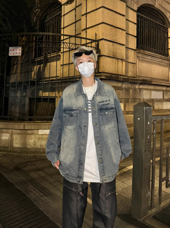 Férfi denim dzseki, őszi vintage mosott, amerikai gallér, mindennapi fiatal stílus
