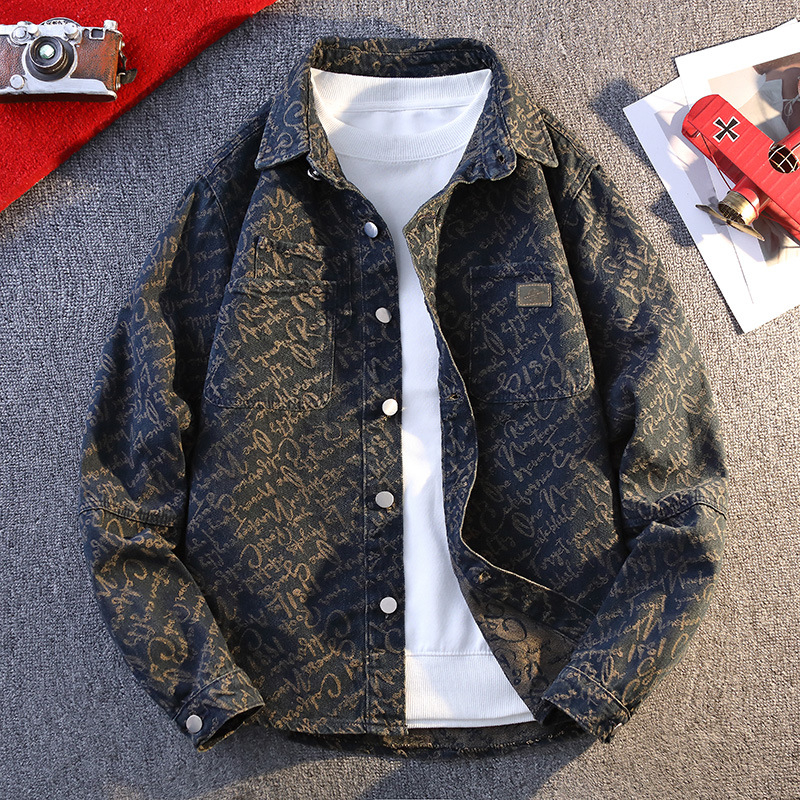 Férfi denim dzseki jacquard mintával, amerikai retro stílus, lazán szabott, hosszú ujjú, mosott felülettel, hétköznapi viselet