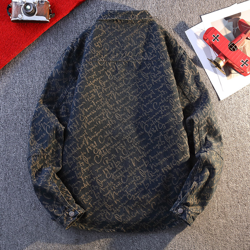 Férfi denim dzseki jacquard mintával, amerikai retro stílus, lazán szabott, hosszú ujjú, mosott felülettel, hétköznapi viselet