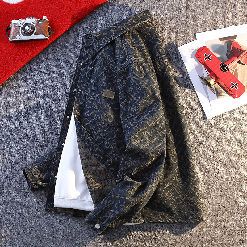 Férfi denim dzseki jacquard mintával, amerikai retro stílus, lazán szabott, hosszú ujjú, mosott felülettel, hétköznapi viselet