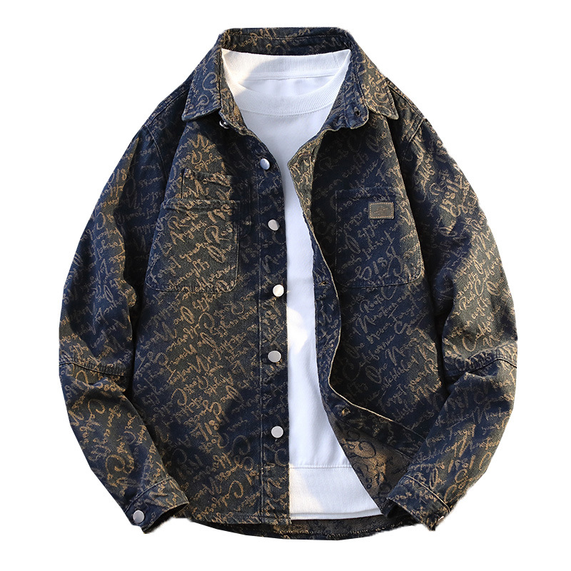 Férfi denim dzseki jacquard mintával, amerikai retro stílus, lazán szabott, hosszú ujjú, mosott felülettel, hétköznapi viselet