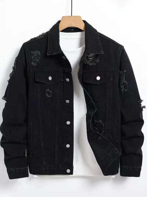 Férfi farmerdzseki, bő szabású, fekete, munkaruházati stílus, őszi-téli, koreai stílus.