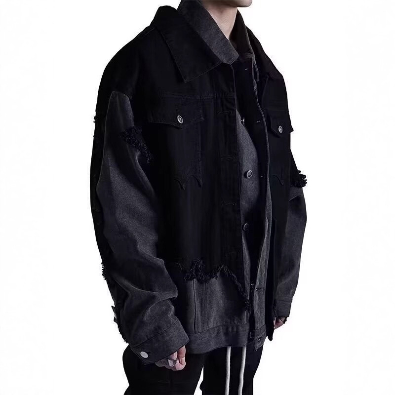 Férfi denim dzseki retro utcai stílusban, aszimmetrikus panelekkel, designer vibe, inspirált amerikai workwear
