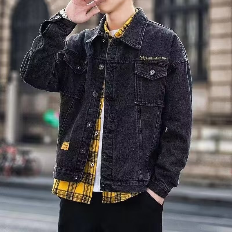 Férfi denim kabát tavaszra és őszre, amerikai retró stílus, mindennapi viselet, koreai hatás, több zsebbel