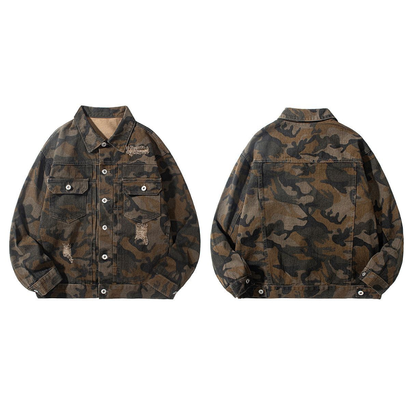 Férfi denimdzseki camouflage mintával és repesztett részletekkel, őszi utcai stílus, lezser mindennapi viselet