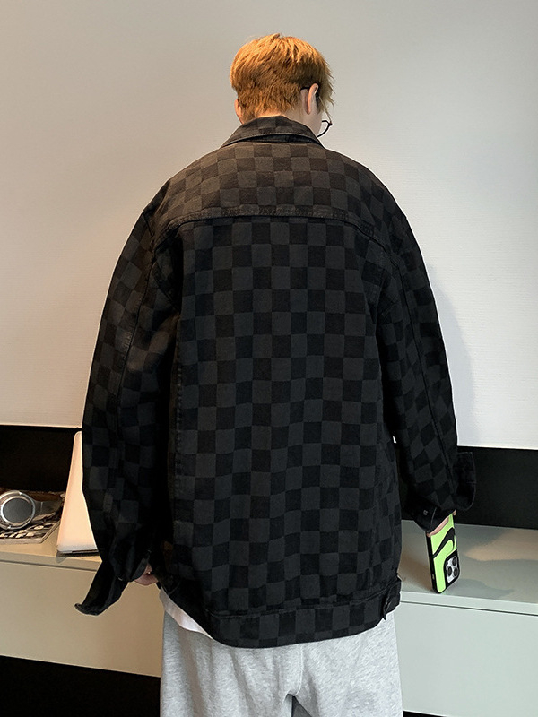 Őszi trendi férfi kockás denim kabát gallérral, hosszú ujjú, nyomtatott mintával, munkaöltözet stílusban