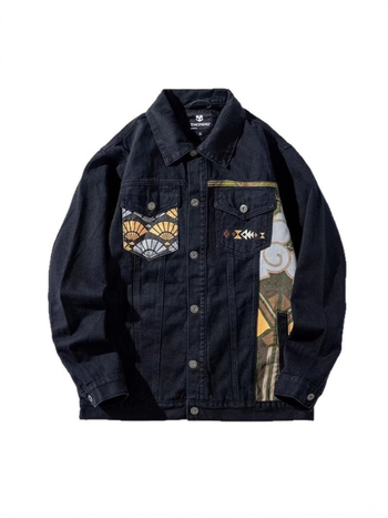 Plusz méretű férfi denim dzseki patchwork mintával, bő szabás, tavasz–ősz stílus