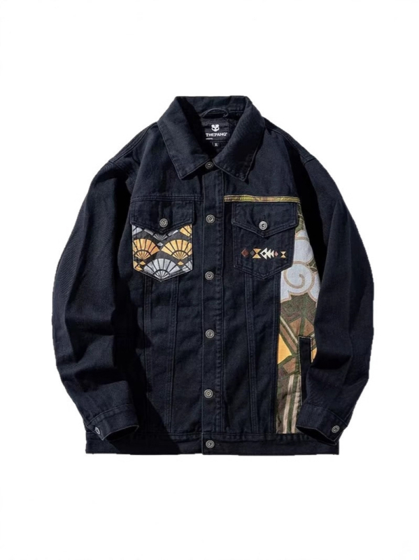 Plusz méretű férfi denim dzseki patchwork mintával, bő szabás, tavasz–ősz stílus