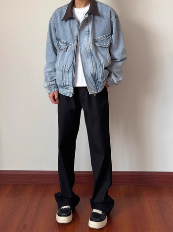 Amerikai retro barn-stílusú denim dzseki bőr nyakkal, mosott denim, férfiaknak, Detroiti nehéz munkásdzseki Harrington-ihletésű