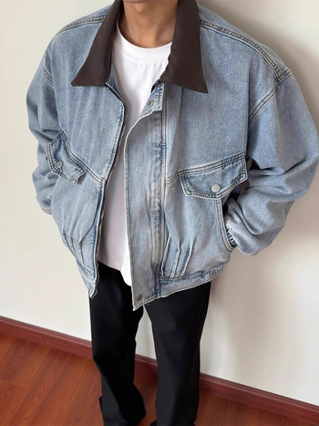 Amerikai retro barn-stílusú denim dzseki bőr nyakkal, mosott denim, férfiaknak, Detroiti nehéz munkásdzseki Harrington-ihletésű