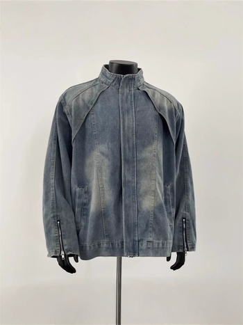 Férfi motoros denim dzseki, lazább szabás, álló gallér, tavasz-ősz, amerikai munkaruha-stílus, kopott hatás, hétköznapi külső
