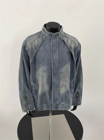 Férfi motoros denim dzseki, lazább szabás, álló gallér, tavasz-ősz, amerikai munkaruha-stílus, kopott hatás, hétköznapi külső
