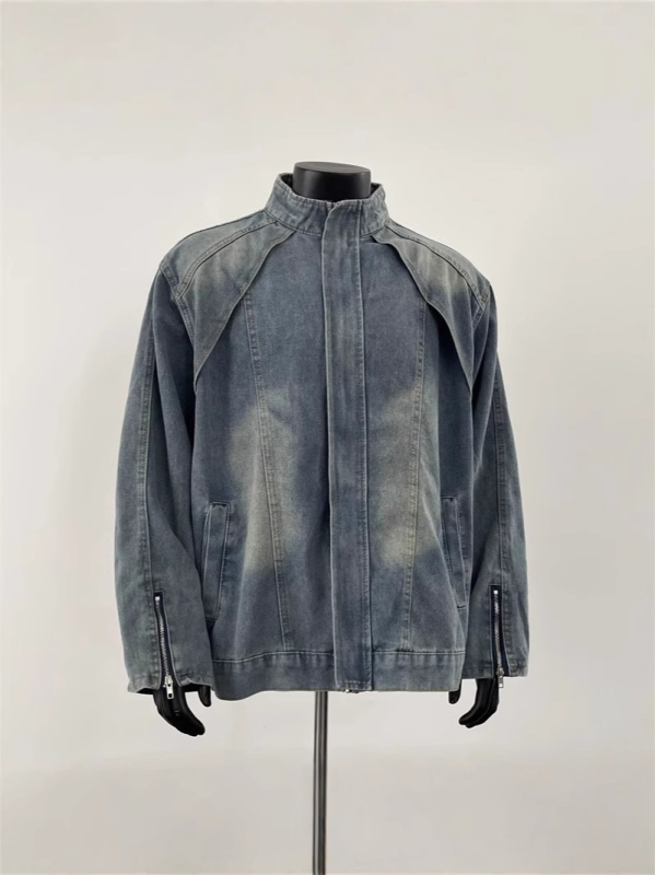 Férfi motoros denim dzseki, lazább szabás, álló gallér, tavasz-ősz, amerikai munkaruha-stílus, kopott hatás, hétköznapi külső