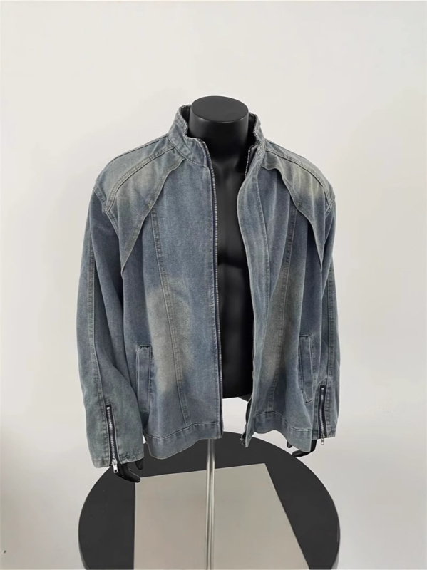 Férfi motoros denim dzseki, lazább szabás, álló gallér, tavasz-ősz, amerikai munkaruha-stílus, kopott hatás, hétköznapi külső