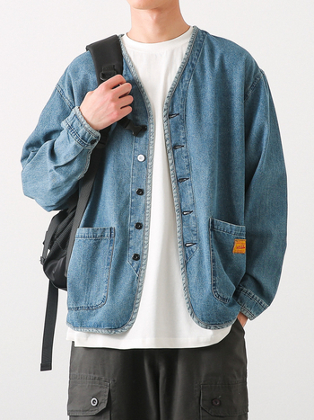 Férfi denim dzseki japán retro mosott stílusban, gallér nélküli, hosszú ujjú, sokoldalú fiataloknak
