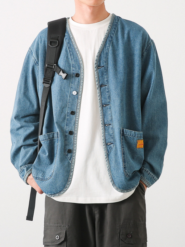 Férfi denim dzseki japán retro mosott stílusban, gallér nélküli, hosszú ujjú, sokoldalú fiataloknak