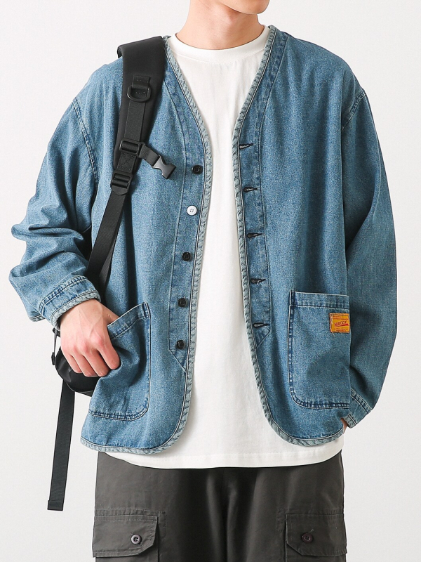 Férfi denim dzseki japán retro mosott stílusban, gallér nélküli, hosszú ujjú, sokoldalú fiataloknak