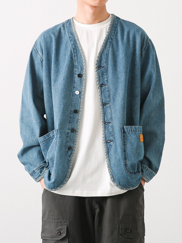Férfi denim dzseki japán retro mosott stílusban, gallér nélküli, hosszú ujjú, sokoldalú fiataloknak
