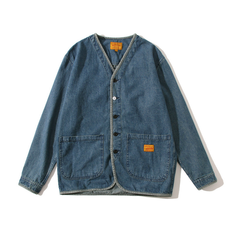 Férfi denim dzseki japán retro mosott stílusban, gallér nélküli, hosszú ujjú, sokoldalú fiataloknak