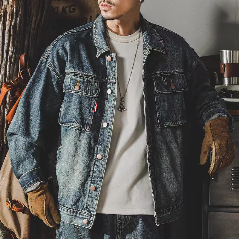 Férfi denim dzseki, Amerikai klasszikus stílus, tavasz–ősz 2025, vintage mosott, munkásdzseki