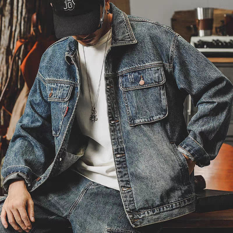 Férfi denim dzseki, Amerikai klasszikus stílus, tavasz–ősz 2025, vintage mosott, munkásdzseki