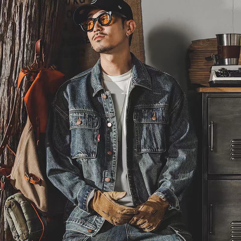Férfi denim dzseki, Amerikai klasszikus stílus, tavasz–ősz 2025, vintage mosott, munkásdzseki