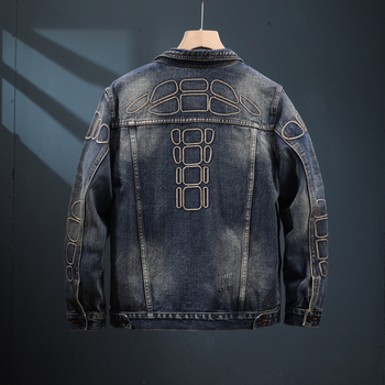 Férfi denim dzseki galléros, laza fazon, utcai stílusú, hímzett részletekkel